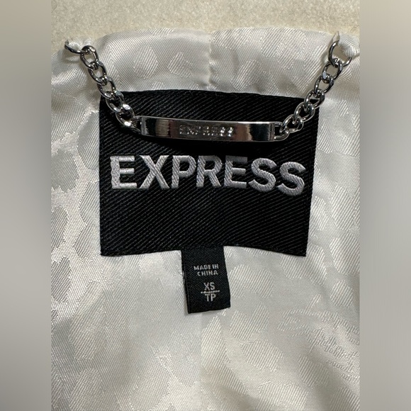 EXPRESS White Coat with Buttons and Black Straps and faux fur lined hood - Picture 6 of 6